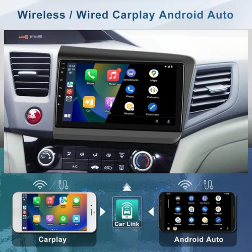 Vista 2 de 6G+128G+Octa-Core para Honda Civic 2012 2013 2014 2015 Juego de coche inalámbrico Android Auto Android Car Stereo,9 pulgadas IPS pantalla táctil