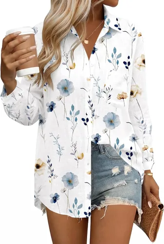 Vista 16 de HOTOUCH Camisas de manga larga con botones para mujer, blusas de lino y algodón, casuales, con cuello holgado, de gasa con bolsillo