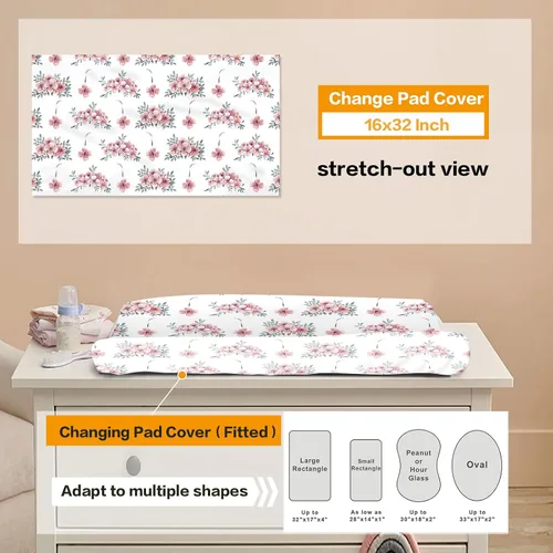 Vista 4 de Juego de ropa de cama de bebé personalizado, ropa de cama de elefante rosa para bebé, manta de bebé, sábana bajera ajustable, funda cambiadora