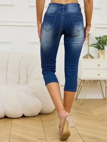Vista 3 de BWQ Jeans capri rasgados para mujer, pantalones capri ajustados y elásticos