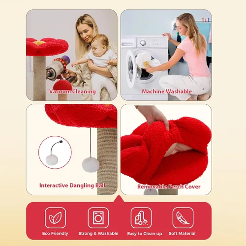 Vista 6 de PETEPELA Poste rascador para gatos, rascador para gatos en forma de hongo, bonita torre de árbol para gatos con poste rascador grueso y cama