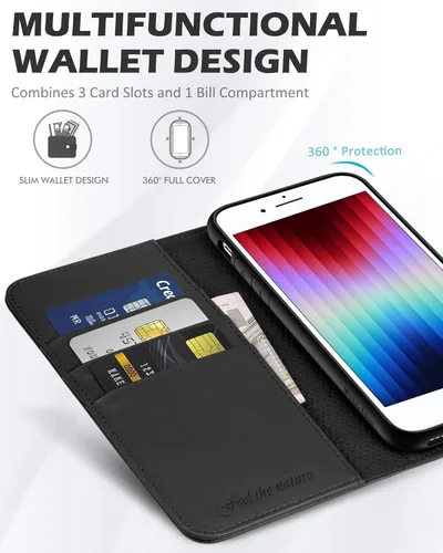 Vista 3 de SHIELDON - Funda tipo cartera de piel auténtica para iPhone SE 2022/SE 2020/8/7, color negro Magnetic Closure, RFID Blocking, Credit Card Holder