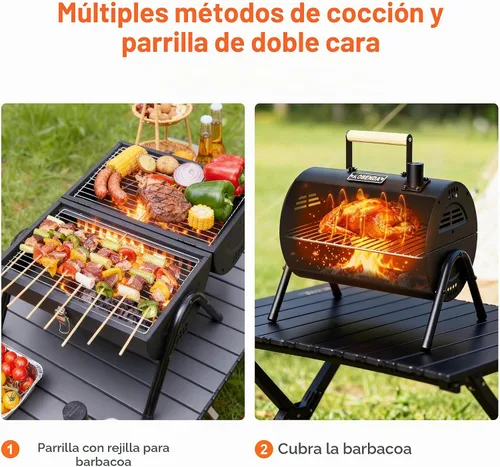 Vista 6 de Parrilla de carbón portátil con rejilla de calentamiento, mango de madera, parrilla de barbacoa de mesa para barbacoa al aire libre, camping