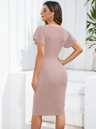 Vista 3 de Machico - Vestido sexy para mujer, diseño con cuello en V cruzado, manga con volantes, fruncido, ceñido al cuerpo, para cóctel, fiesta, trabajo