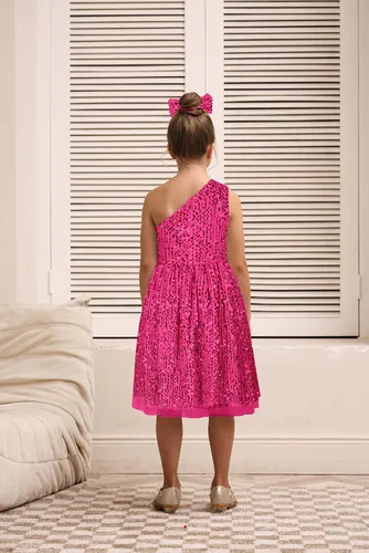 Vista 3 de GRACE KARIN Vestido de lentejuelas para niñas, vestido de fiesta de boda de un hombro con lazo para el pelo, 5-12 años