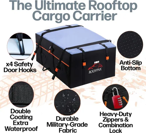 Vista 4 de RoofPax Bolsa de transporte de carga extra impermeable para techo de 15 cft, doble cremallera resistente a la intemperie, alfombrilla integrada, 10