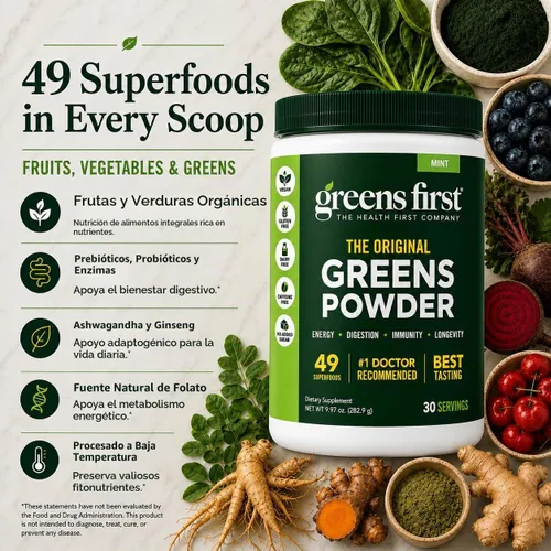 Vista 3 de Greens First Original Greens en polvo, menta, 30 porciones 49 superalimentos, frutas y verduras orgánicas, prebióticos, probióticos y enzimas