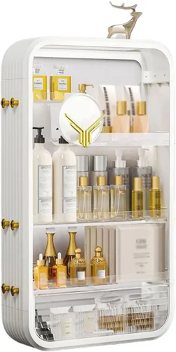 Vista 8 de JATIBOSH Organizador de cosméticos montado en la pared, estante de tocador para el hogar, sin perforación, productos para el cuidado de la piel