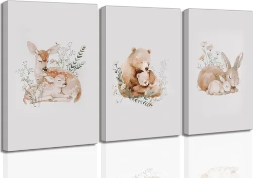 Vista 8 de UNDDISINS 3 piezas de lienzo para guardería de animales, arte de pared, acuarela, animales de bebé, pintura para decoración de pared, lindo