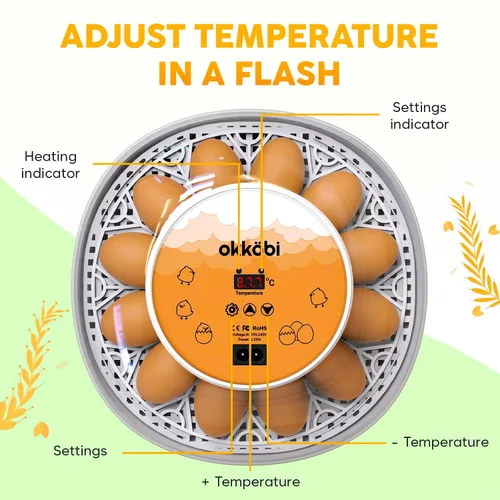 Vista 2 de Okkobi M12 - Incubadora de huevos con girador automático y control de humedad, 12/24 huevos, vista de 360°, fácil de usar y limpiar, Incubadora