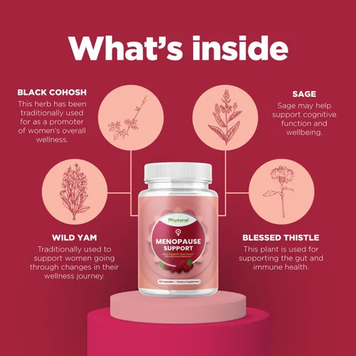 Vista 3 de Phytoral Suplemento completo de menopausia herbaria para mujeres, cápsulas de equilibrio hormonal femenino para sudores nocturnos, sofocos y cambios