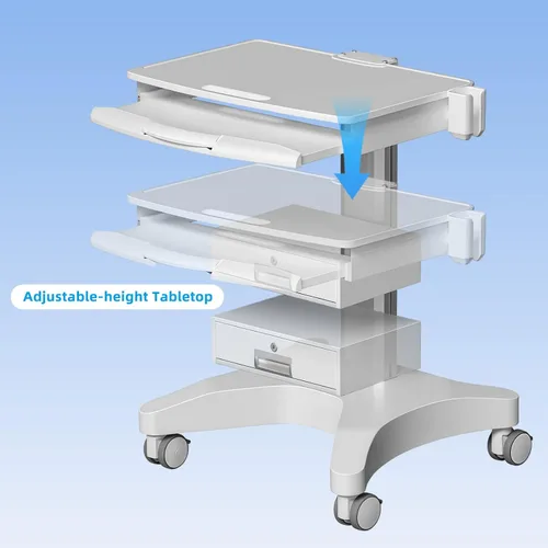 Vista 7 de Carrito médico con bandeja para laptop y soporte para escáner oral, estación de trabajo móvil sobre ruedas con cajón para hospitales, clínicas