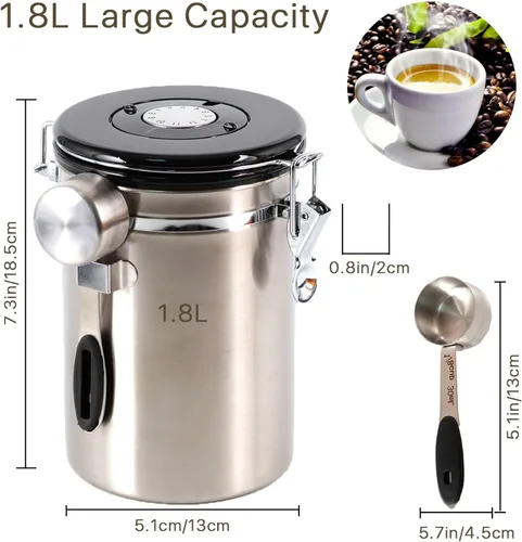 Vista 9 de Recipiente de café hermético de 1.8 L, recipiente de almacenamiento de café de 26 onzas, tarro de café hermético de acero inoxidable con cuchara