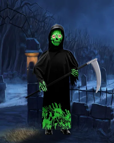 Vista 7 de Woochic Disfraz de la parca para niños, disfraces de Halloween aterradores con guadaña, disfraz que brilla en la oscuridad para niños y niñas