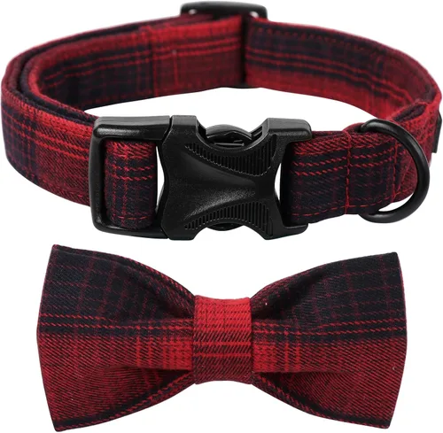 Vista 13 de Lionet Paws Collar para perro y gato con corbata de moño, hebilla de plástico ajustable, collar de cuadrícula para perros pequeños, medianos