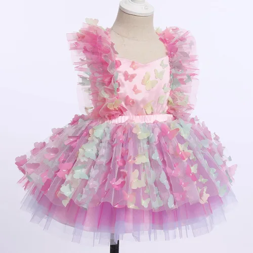 Vista 3 de IDOPIP Vestido de tutú de mariposa para bebé, sin mangas, sin espalda, de encaje, princesa, vestido de fiesta de cumpleaños con diadema