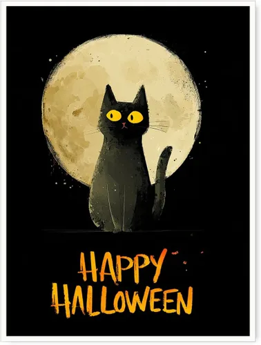 Vista 15 de Bonito arte de pared de gato negro de Halloween, divertido póster de lienzo de luna llena con ojos amarillos y cita de Feliz Halloween