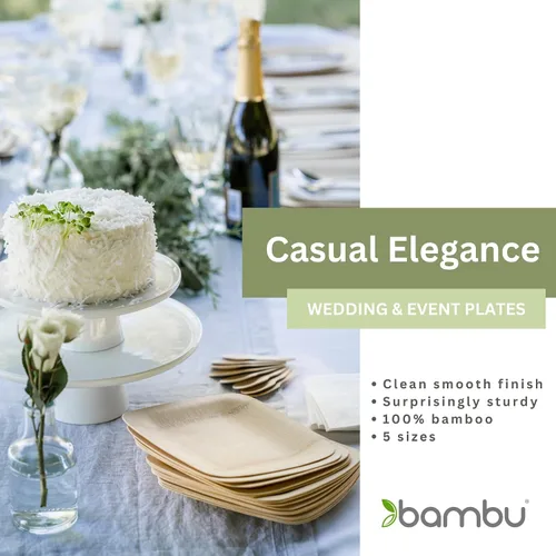 Vista 4 de Bambu, Platos cuadrados desechables de bambú de 11 pulgadas, orgánicos, biodegradables y ecológicos, platos para fiestas, bodas y eventos, ideales