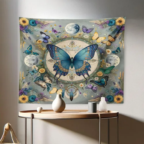 Vista 145 de Ambesonne Tapiz bohemio, diseño floral de bruja, luna y mariposa con adornos de mandala, decoración de tela para colgar en la pared para dormitorio