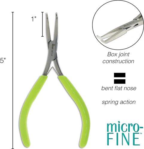 Vista 6 de The Beadsmith Alicates de punta plana doblados microfinos, 5 pulgadas (5.000 in) con cabeza de acero pulido, mango de agarre cómodo de PVC verde