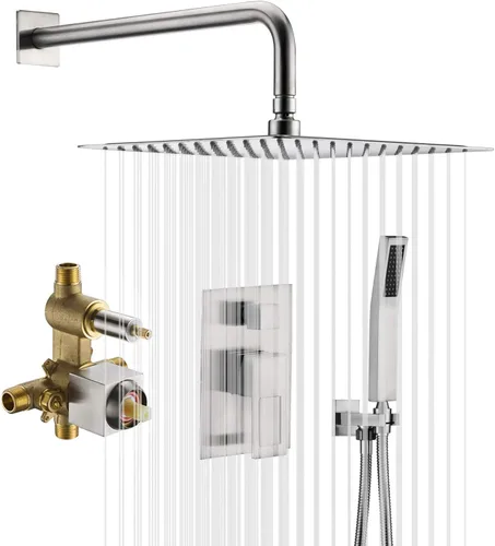 Vista 10 de sumerain Grifo de ducha de equilibrio de presión con sistema de ducha de oro cepillado, cabezal de ducha de lluvia cuadrado de 8 pulgadas y ducha