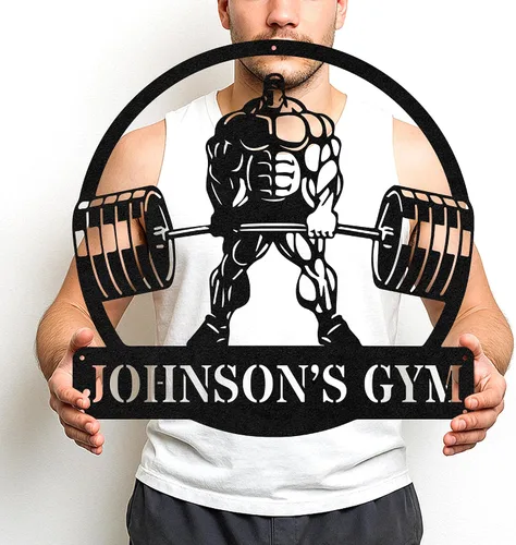 Vista 11 de Cartel de metal personalizado para gimnasio con nombre, arte de pared para sala de entrenamiento en casa, garaje, espacio de fitness, decoración