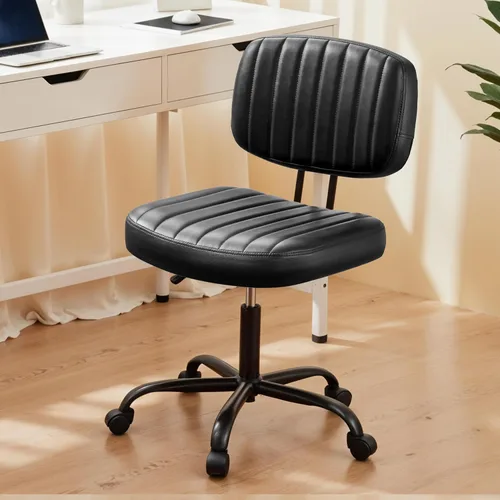 Vista 8 de Simple Deluxe Silla de escritorio pequeña, silla de oficina sin brazos con ruedas, de piel sintética, cómoda para computadora, giratoria, sin brazos