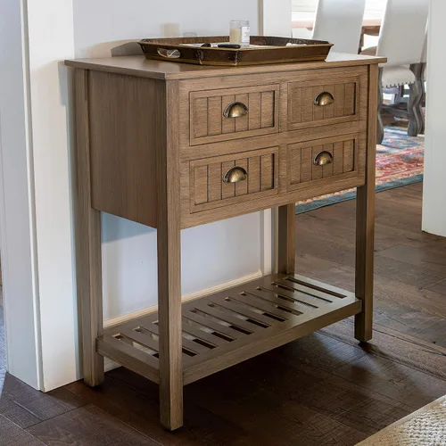 Vista 9 de Bailey Bead Board Mesa consola de madera con cuatro cajones con estante, acabado blanco antiguo