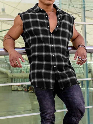 Vista 2 de Camisas de franela sin mangas para hombre, estilo casual, con botones, chaleco vaquero