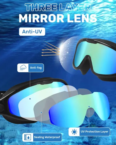Vista 3 de Gafas de natación para adultos, gafas de natación antivaho y UV con clip de nariz y tapones para los oídos, sin fugas