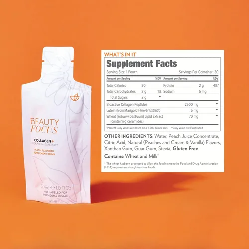 Vista 6 de Nu Skin Beauty Focus Collagen+ Suplemento líquido de colágeno marino con luteína y lípidos de trigo Apoya la hidratación de la piel, elasticidad