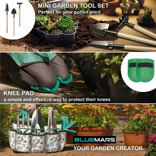 Vista 9 de Bluemars Kit de herramientas de mano de jardinería, 14 piezas, juego de herramientas de jardín de acero inoxidable resistente con bolsa de jardín