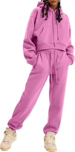 Vista 38 de Kissonic Conjunto deportivo de forro polar para mujer, 2 piezas, sudadera con capucha y pantalones deportivos