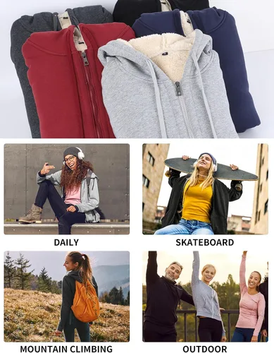 Vista 7 de Gihuo Sudadera con capucha con forro de sherpa para mujer, con cremallera, cálida y cómoda chaqueta de forro polar con capucha