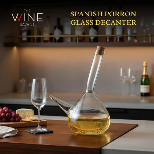 Vista 2 de Decantador de vidrio Porron español de 34 onzas, jarra de vino 100% sin plomo para vino tinto, jarra de vino soplado a mano, jarra de vino – regalo