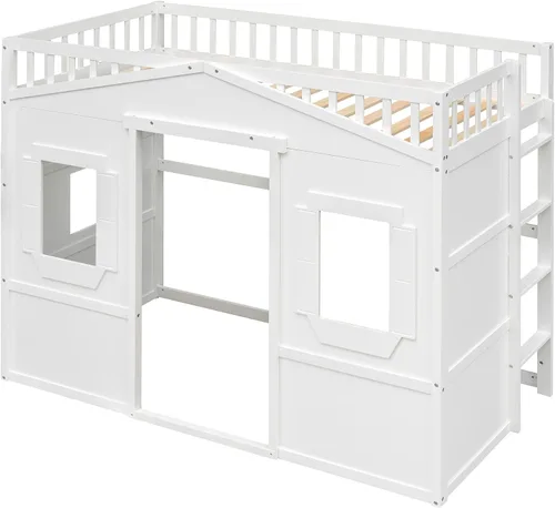 Vista 9 de Base de cama individual tipo loft para niños, cama tipo loft de madera con ventanas y barandilla, cama de casa de juegos, cama tipo loft