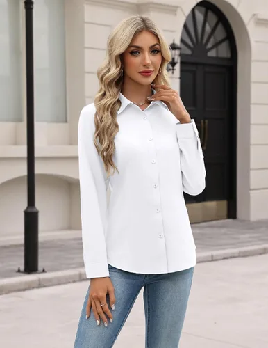 Vista 6 de HOTOUCH Camisas de manga larga con botones para mujer, camisas de vestir con protección contra manchas, ajuste delgado, blusas de trabajo, oficina