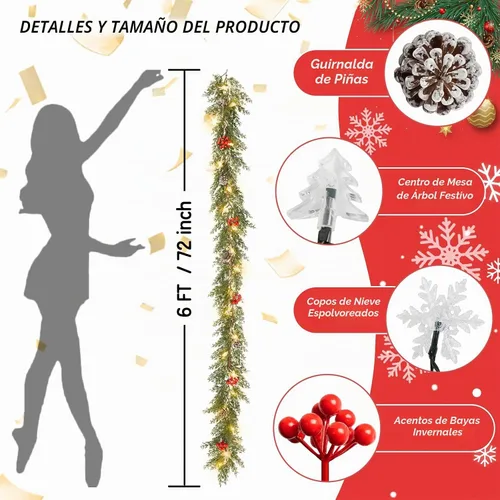 Vista 6 de Guirnalda de Navidad Dushle de 6 pies con luces, funciona con batería, guirnalda de Navidad iluminada con conos de pino, bayas rojas, copos de nieve