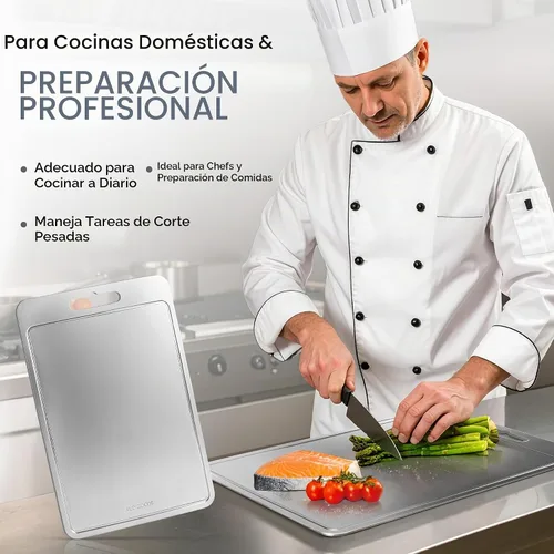 Vista 9 de Tablas de cortar de acero inoxidable para cocina, tabla de cortar de acero inoxidable con ranuras para jugo, doble cara, paquete de 3 tamaños