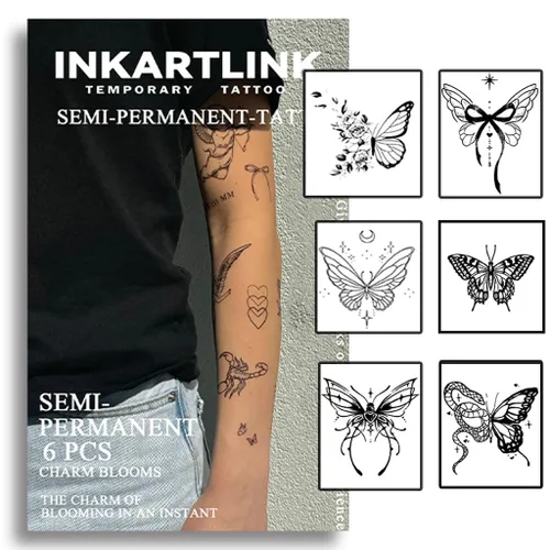 Vista 9 de INKARTLINK 6 hojas de tatuajes temporales, tatuajes semipermanentes, tatuajes falsos, 1-2 semanas de tatuaje, para mujeres maduras y elegantes