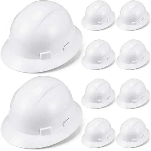 Vista 12 de 10 Pack Casco de ala completa, Casco de construcción blanco, Casco de seguridad HDPE con suspensión de trinquete ajustable de 6 puntos para hombres