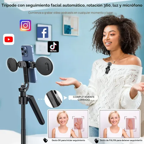 Vista 2 de Content Creator - Kit de vlogging para iPhone/Android, trípode de seguimiento facial automático de 70 pulgadas para iPhone con micrófonos ligeros e