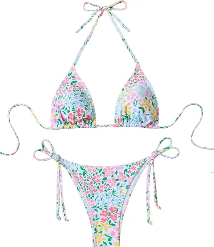 Vista 6 de ZAFUL Bikinis triangulares estampados para mujer, 2 piezas, bikini halter, traje de baño de corte alto, traje de baño con lazo lateral 0-negro a