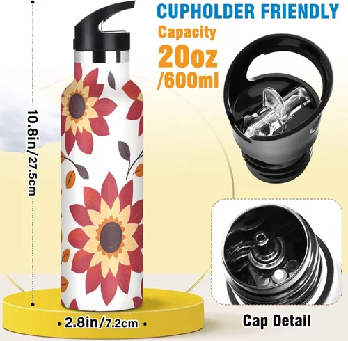 Vista 2 de Flowers Vacuum Insulated Sports Water Bottle Keeps Hot and Cold with Straw Leakproof BPA Free for Gym Sports 08