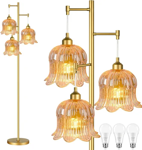Vista 13 de QIYIZM Lámpara de pie para sala de estar, dormitorio, estilo granja, arco, ratán, boho, lámpara de pie con control remoto regulable, pantalla