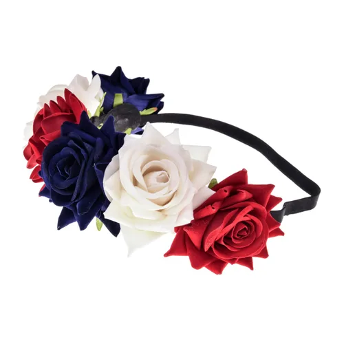Vista 2 de June Bloomy Diadema de terciopelo con diseño de rosas rojas para Halloween, boda, corona floral, guirnalda de halo para fiesta, sesión de fotos