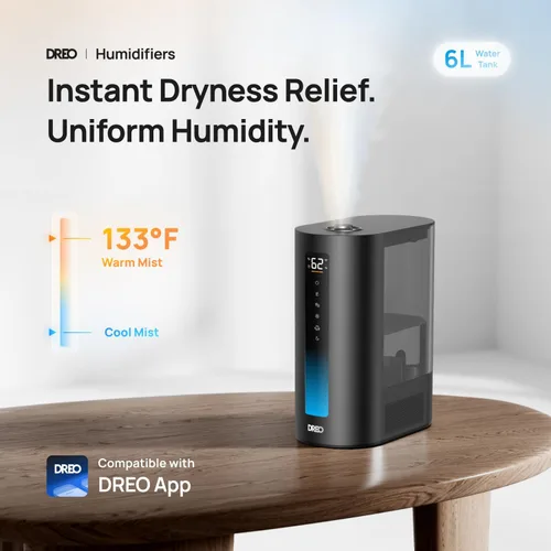 Vista 2 de Dreo - Humidificador de 6L para dormitorio, rociada inteligente cálida y fría para habitación grande, tiempo de funcionamiento silencioso de 60