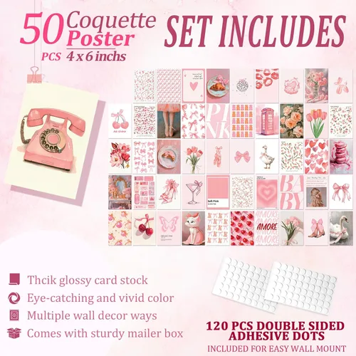 Vista 2 de Uniro Estética de decoración de habitación de coqueta, 50 piezas de decoración de pared de coqueta rosa, pósteres de coqueta, decoración estética