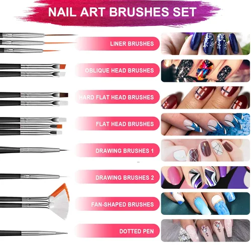 Vista 3 de Teenitor Pinceles de arte de uñas, pinceles de diseño de arte de uñas, 15 pinceles de gel de uñas, 5 bolígrafos de punteo de uñas, 12