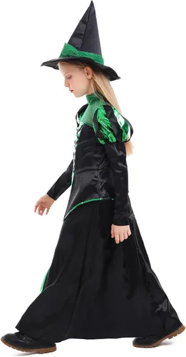 Vista 3 de LMYOVE Disfraz de bruja gótica para niñas, conjunto de disfraz de bruja de Halloween con sombrero